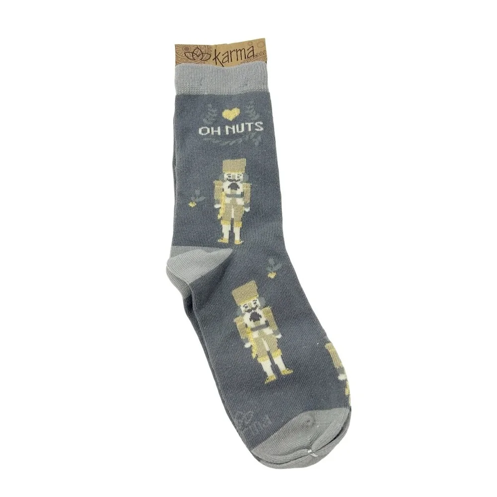 Karma Womens Oh Nuts Nutcracker Gray Gold Christmas Holiday Crew Socks One Size